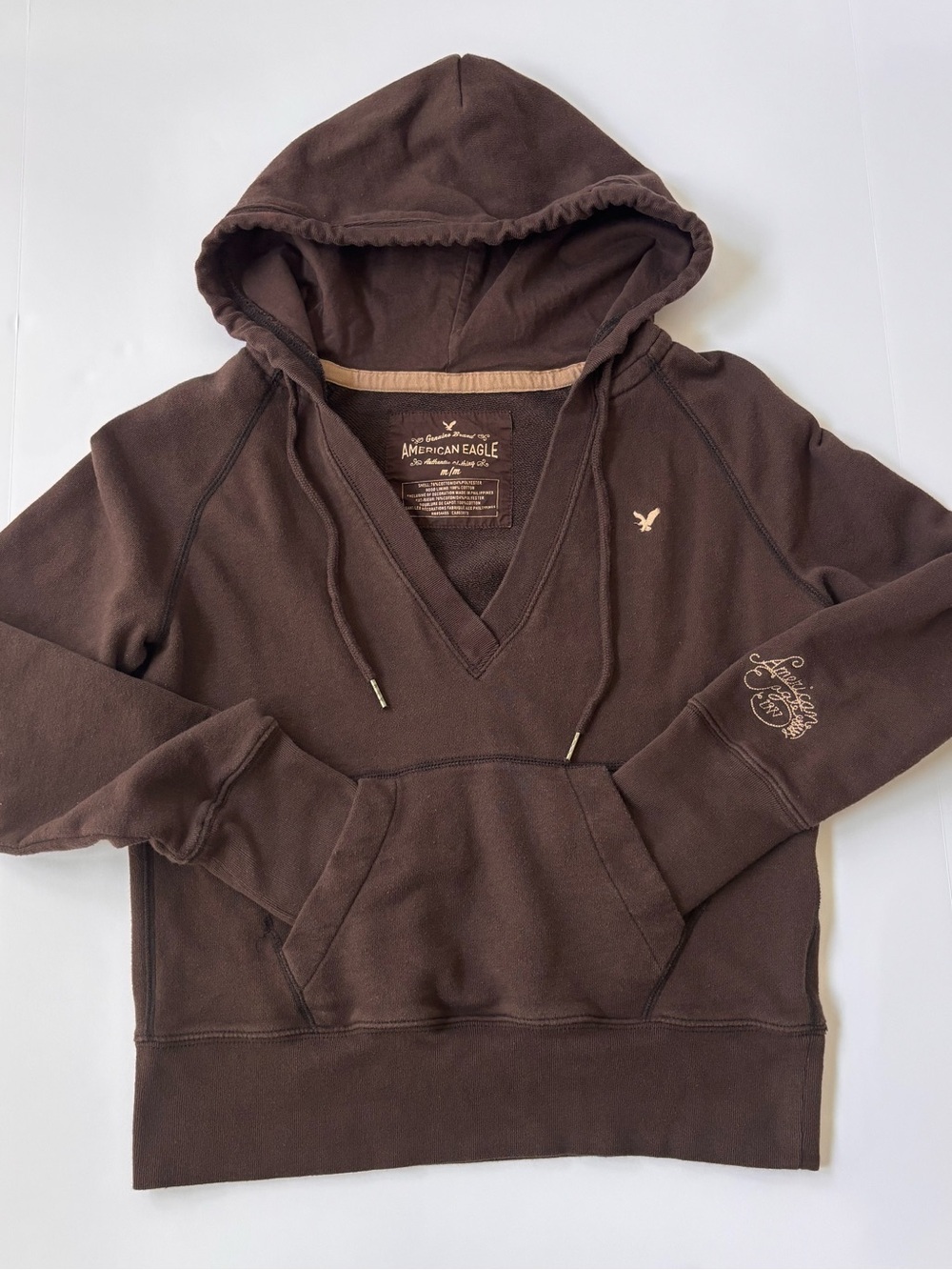 Y2K American Eagle Brown V-Neck Hoodie Embroidered Logo Medium
